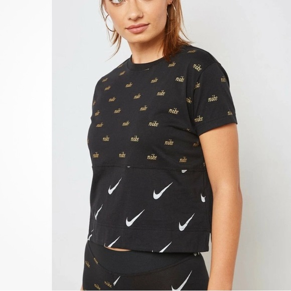 Nike metallic crop tee. Black w gold & white logo swoosh print. - Picture 2 of 7